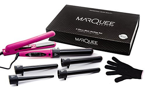 Marquee Beauty Professional Salon 8 Piece Flat And Curling Iron Set, 5 Interchangeable Ceramic Tourmaline Barrels, Heat Protectant Glove (Pink)