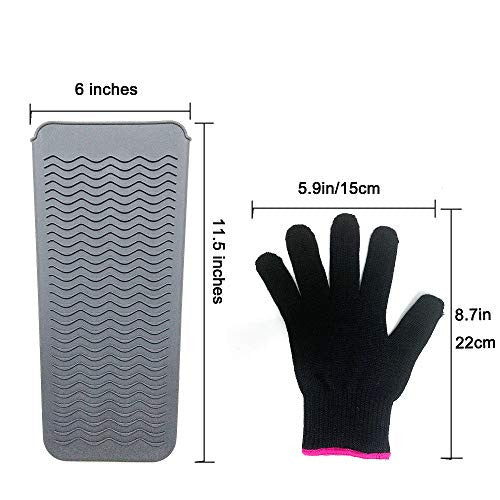 Pochette pour tapis résistant à la chaleur et gant résistant à la chaleur pour fers à friser, lisseurs, fers plats et outils de coiffure 11,5" x 6", silicone de qualité alimentaire, gris