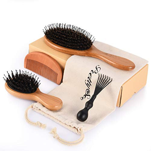 Hair Brush for Women Men Kid Boar Bristle Hair Brush Set Wooden Hair Brush for Straight, Curly, Short, Long Hair, Adds Shine and Improves Hair Texture, Hair Brush Cleaner Tool Included