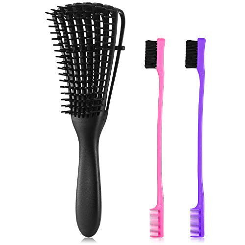 3 Pieces Detangling Brush Set with Edge Brush Double Sided, Hair Detangler for Afro America Textured 3a to 4c Kinky Wavy for Wet/Dry/Long Thick Curly Hair (Black, Rose Red, Purple)