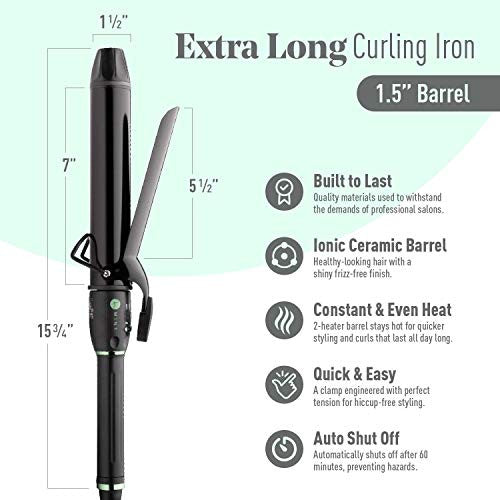 Professional Series Curling Iron 1 1/2 inch by MINT | Extra-Long 2-Heater Ceramic Barrel That Stays Hot. Hair Curler/Curl Former for Large Curls and Beach Waves. Travel-Ready Dual Voltage.