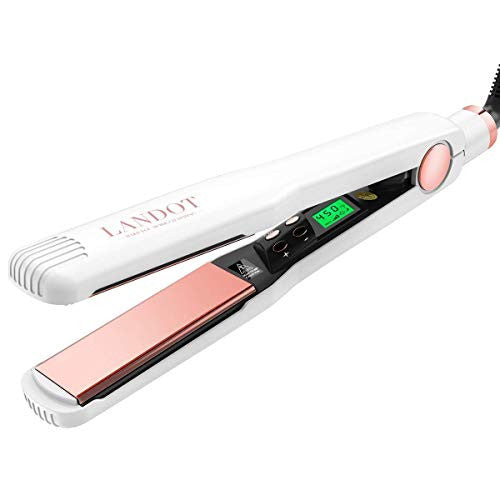 LANDOT Professional Titanium Hair Straightener Flat Iron 1-1/4 inch 3D Floating Plate, Instant Heating Up, Digital LCD Display, Adjustable Temp for All Hair Types, Dual Voltage, Auto Shut-Off