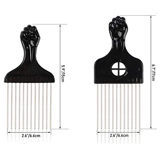 Folansy 2 Pcs Afro Comb Metal African American Pick Comb Hairdressing Styling Tool Hair Pick for Hair Styling … (Black-1, 2 pack)