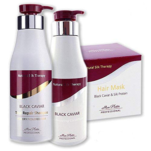 Mon Platin Black Caviar Natural Silk Therapy Ultimate Set (3 items) : Total Repair Shampoo/Total Reviving Conditioner/Black Caviar & Silk Protein Hair Mask (17oz/500ml each)