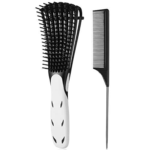 2 Pieces Detangler Brush 4c Hair Set with Rat Tail Comb for Curly Hair Detangler for Afro America Afro Textured 3a to 4c Kinky Wavy, for Wet/Dry/Long Thick Curly Hair (Black and White)