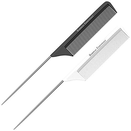 8.8 Inch White and Black Metal Tail Comb (2 Pack) Carbon Fiber and Stainless Steel Pintail | Lightweight | Rat Tail Styling Combs for all Hair Types | Fine Tooth Teasing Comb Set