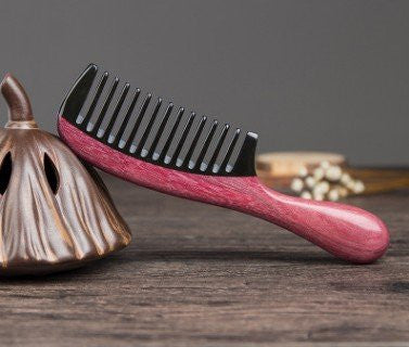 Myhsmooth Zb-yb-mt Wide Tooth Handmade No Static Black Buffalo Horn Comb with Violetwood Handle (Rounded)