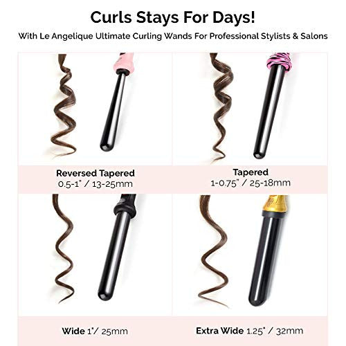 Le Angelique Reverse Tapered Curling Wand for a Unique Curly Look - 1/2 To 1 Inch (13-25mm) Conical Curler Iron with Glove And 2 Clips | 430F Instant Heat | Ceramic Coating | Dual Voltage - Black