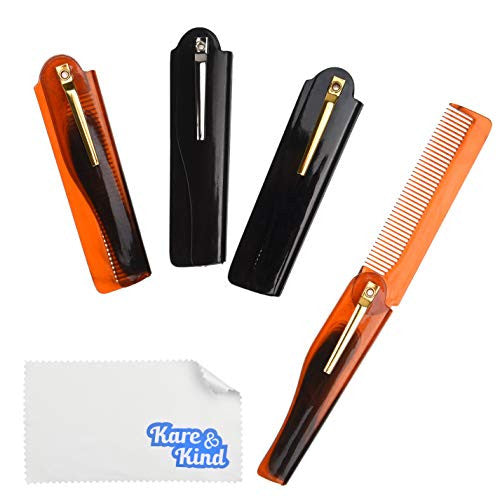 Kare &amp; Kind Peigne de poche pliable pour homme – 4 peignes à dents fines (2 marron et 2 noirs) – Pour coiffer les cheveux, la moustache, la barbe – Toilettage pour homme – Cadeau idéal