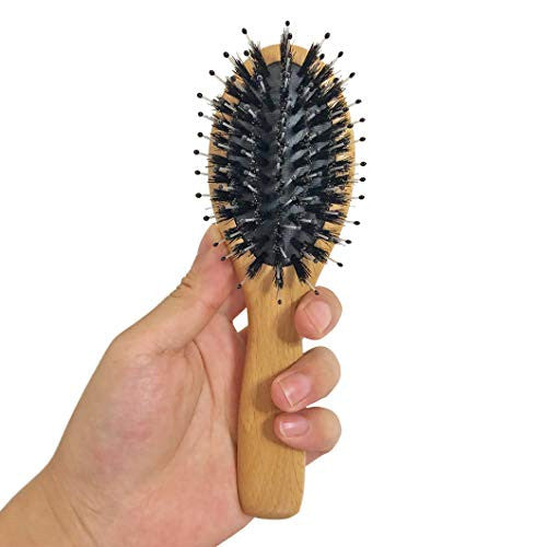 Messen Mini brosse à cheveux en poils de sanglier avec manche en bois de hêtre naturel, coussin de massage antistatique, brosse à cheveux démêlante pour poche/trousse de maquillage/voyage/cadeau pour enfants et adultes (style 2)