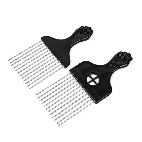 Folansy 2 Pcs Afro Comb Metal African American Pick Comb Hairdressing Styling Tool Hair Pick for Hair Styling … (Black-1, 2 pack)