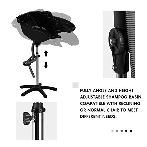 Giantex Shampoo Bowl with Height Adjustable Stand, Drain Hose, Portable Shampoo Sink for Washing Hair, Standing Salon Deep Shampoo Basin for Older Clients Kids Beauty Barber Stylist, Black