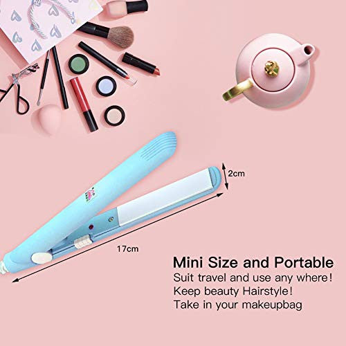 2 in 1 Mini Hair Straightener Ceramic Tourmaline Plate Beauty Flat Iron Heating Curler（4Colors ） (Sky blue beauty plug)