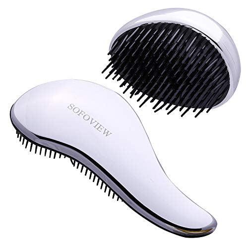SOFOVIEW Ensemble de brosses à cheveux démêlantes, format voyage de poche + brosse professionnelle, peigne à cheveux coulissant, sans douleur, lissage et lissage doux, brosse domestique pour douche, cheveux mouillés ou secs, argent