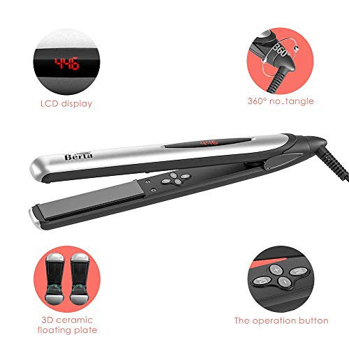 BERTA 1 Inch Ceramic Negative Ions Flat Iron, Professional Hair Straightener, Instant Heat with Adjustable Temperature 284-446℉, 360° Swivel Cord, 3D Floating Effect Panel Digital LCD Display, Silver