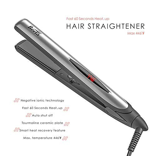 BERTA 1 Inch Ceramic Negative Ions Flat Iron, Professional Hair Straightener, Instant Heat with Adjustable Temperature 284-446℉, 360° Swivel Cord, 3D Floating Effect Panel Digital LCD Display, Silver
