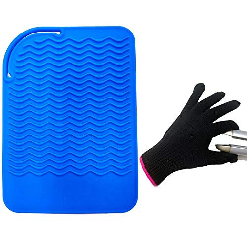 Heat Resistant Mat Pad and Heat Resistant Glove for Curling Irons, Hair Straightener, Flat Irons and Hair Styling Tools 9" x 6.5", Food Grade Silicone, Blue by Lessmon