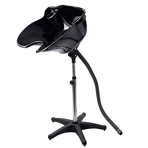 Giantex Shampoo Bowl with Height Adjustable Stand, Drain Hose, Portable Shampoo Sink for Washing Hair, Standing Salon Deep Shampoo Basin for Older Clients Kids Beauty Barber Stylist, Black