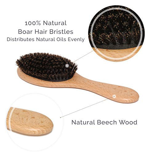 Natemia Ensemble brosse à cheveux et peigne en bois en poils de sanglier pour femmes, hommes et enfants – Idéal pour les cheveux fins et normaux – Ajoute de la brillance et améliore la texture des cheveux