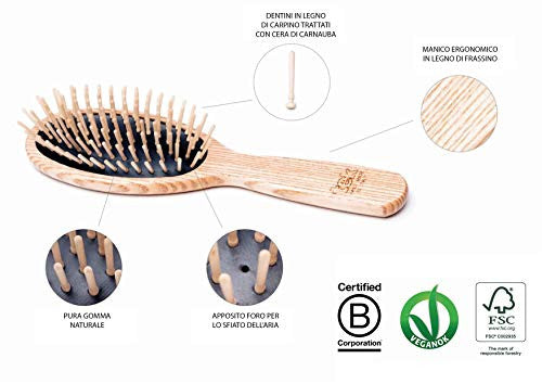 Tek small oval hairbrush in ash wood with short wooden pins - Handmade in Italy