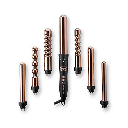 FoxyBae 7-in-1 Curling Iron Set, Le'Se7en Professional Black and Rose Gold Hair Curling Wand - 7 Interchangeable Barrel Ceramic Hair Curler - Best Titanium Wands LCD Display for Temp Control MSRP $289