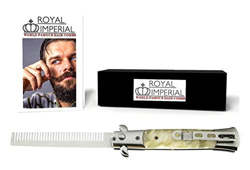 Royal Imperial Metal Switchblade Pocket Folding Flick Hair Comb For Beard or Mustache White Pearl Handle INCLUDES Beard Fact Wallet Booklet.