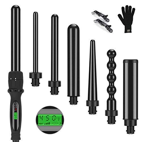 PARWIN PRO Ensemble de fer à friser 7 en 1, baguette à friser double tension avec 7 baguettes à friser en céramique diamant interchangeables avec contrôle de température LCD arrêt automatique noir-1601025233