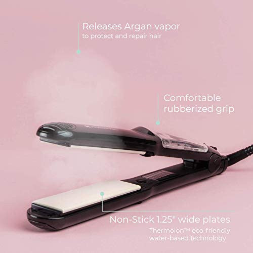 Be Professional Vapor Hair Straightener Flat Iron for Hair 1.25" Ceramic Premium Argan Infusion Steamliner - Dual Voltage Straightening Irons with Argan Refill Bundle - Planchas De Cabello