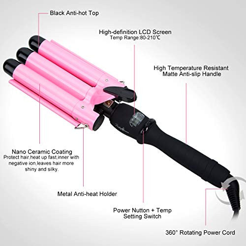 Triple Barrel Curling Iron 3 Barrel Pink Crimper Wave Iron Beach Waver Hot Iron Hair Waver Iron Hair Crimper Iron 25mm Deep Waver Wand