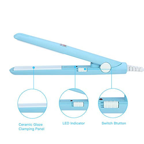 2 in 1 Mini Hair Straightener Ceramic Tourmaline Plate Beauty Flat Iron Heating Curler（4Colors ） (Sky blue beauty plug)