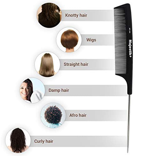 Majestik+ Hair Comb- A Professional Carbon Fibre Metal-Pin Tail Comb Strength & Durability, Fine Tooth, Black, With Bespoke PVC Product Pouch Metal-Pin Tail