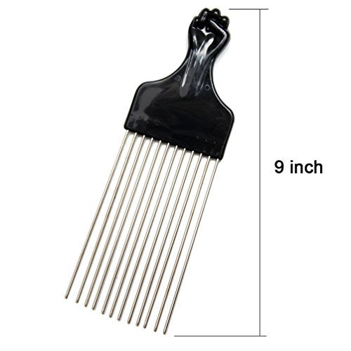 Luxxii (2 Pack) 9" Long Black Fist Metal Afro Pik Lift Hair Comb Detangle Wig Braid Hair Man Styling Comb