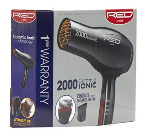 Red by Kiss 2000 Ceramic Ionic Hair Blow Dryer 2 Bonus Detangler Pik included Professional 3 Setting Heat Speed