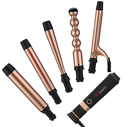 PARWIN BEAUTY Baguette à friser les cheveux 5 baguettes interchangeables, chauffage par rayons infrarouges, ensemble de fer à friser double tension, bigoudis avec gant résistant à la chaleur et pinces à cheveux. [Version haut de gamme]