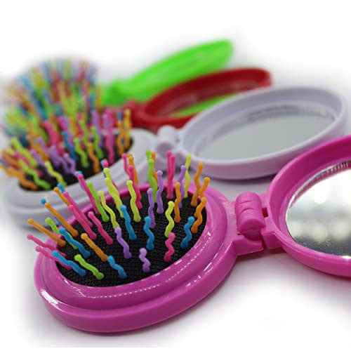 Mini Travel Makeup Hair Brushes Folding Hair Brush Gifts for Women Pocket Wet Magic Round Hair Comb Mirror (Pink)