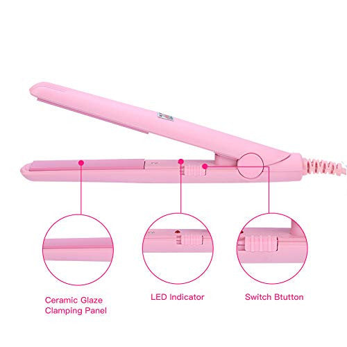 Hair Straightener Flat Iron, 2 in 1 Mini Hair Straightener Ceramic Tourmaline Plate Beauty Flat Iron Heating Curler（4Colors ） (Pink beauty plug)