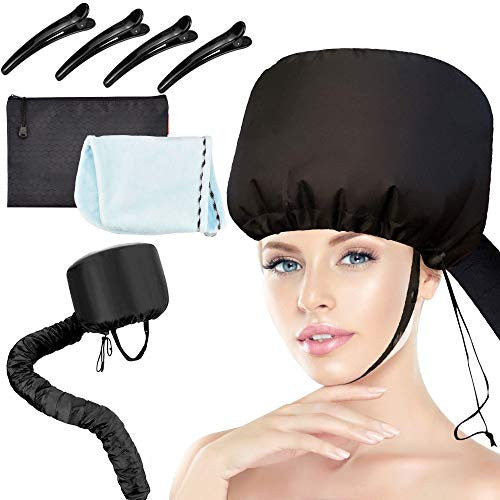 ZILONG Hood Hair Dryer Attachment, 2019 Upgraded Version Soft Cap Adjustable For Hand Held Hair Dryer Cap Drying Styling Curling Deep Conditioning With Khaki Towel,Hair Clip Accessories