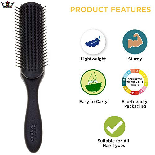 Denman Original Styler, 7 Row for Detangling, Blow-drying, Styling & Smoothing the Hair, All Black D3