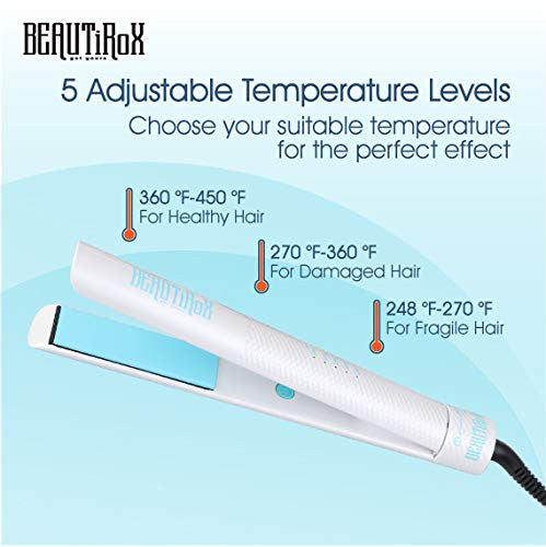 BEAUTIROX Flat Hair Iron with Anti-Static Technology and Temperature Controls for Straightening and Curls,White