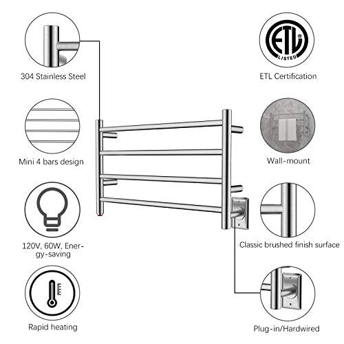 HEATGENE Towel Warmer 4 Bar Towel Dryer Wall-Mounted Plug-in Bath Towel Heater - Brushed