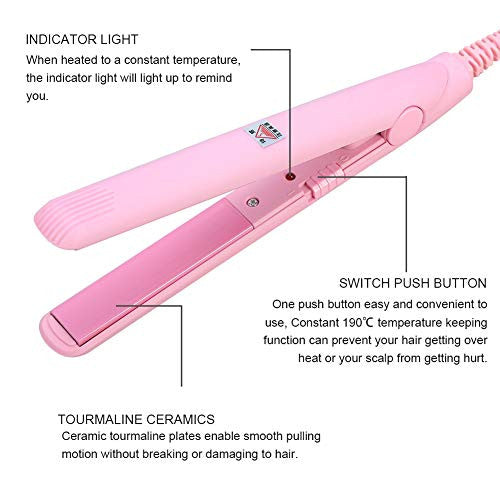 Hair Straightener Flat Iron, 2 in 1 Mini Hair Straightener Ceramic Tourmaline Plate Beauty Flat Iron Heating Curler（4Colors ） (Pink beauty plug)