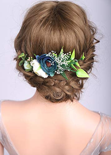 Denifery Champagne and Dark Blue Flower Comb Bridesmaid Headpiece Floral Hair Comb Rustic Bridal Comb Hair Clip with Flowers Wedding Accessories