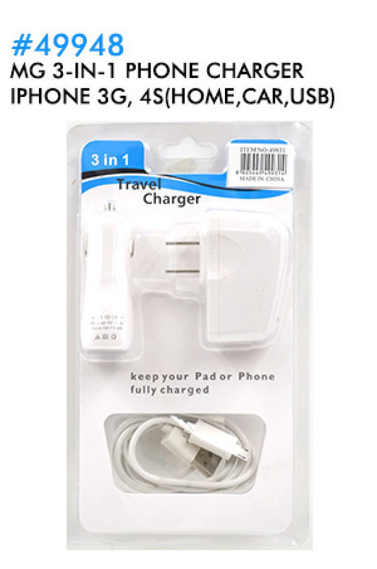 MG 3-in-1 Phone Charger Iphone 3G, 4S(Home,Car,USB) 49948-pc