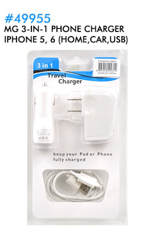 MG 3-in-1 Phone Charger Iphone 5, 6 (Home,Car,USB) 49955-pc