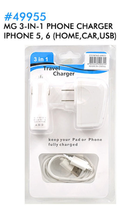 MG 3-in-1 Phone Charger Iphone 5, 6 (Home,Car,USB) 49955-pc