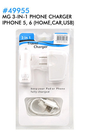 MG 3-in-1 Phone Charger Iphone 5, 6 (Home,Car,USB) 49955-pc