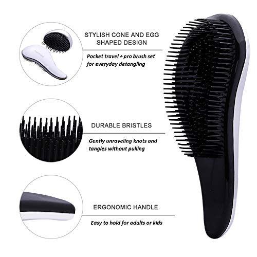 SOFOVIEW Ensemble de brosses à cheveux démêlantes, format voyage de poche + brosse professionnelle, peigne à cheveux coulissant, sans douleur, lissage et lissage doux, brosse domestique pour douche, cheveux mouillés ou secs, argent