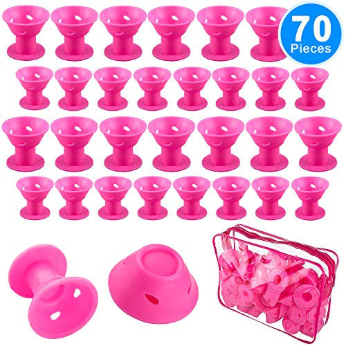 SIQUK 70 Pcs Silicone Hair Curlers Rollers Set Pink Hair Curlers including 35 Pcs Large Hair Rollers and 35 Pcs Small Magic DIY Hair Style Tools for Women and Girls(Bonus: 1 Pc Transparent Zipper Bag)