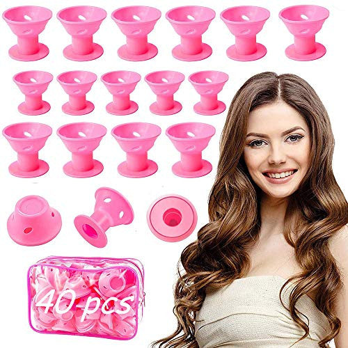 Magic Hair Rollers Silicone Curlers for Hair Larger and Small Hair Curlers,No Clip No Heat No Damage to Hair(Pink,40 Pcs)