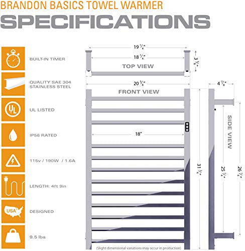 Brandon Basics Wall Mounted Electric Towel Warmer with Built-in Timer and Hardwired and Plug in Options, Stainless Steel - Polished